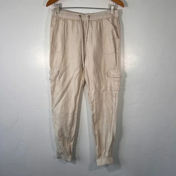 Nicole Miller Cargo Joggers Women L Beige 100% Linen European Flax Drawstring - Picture 2 of 8